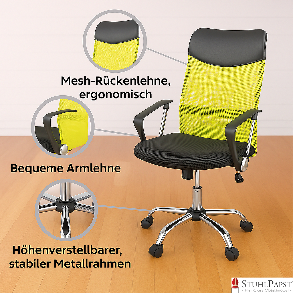 FIT DUO drehstuhl schwarz neongruen, ergonomischer drehstuhl, netzrueckenstuhl, schreibtischstuhl ergonomisch, design