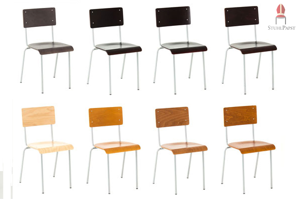 Schichtholzelemente des stapelbaren Holzstuhles Cas.ino John in zahlreichen Beiztönen erhältlich