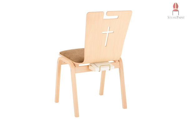 Holzstuhl hier als Kirchenstuhl mit Ablage für Gesangbuch