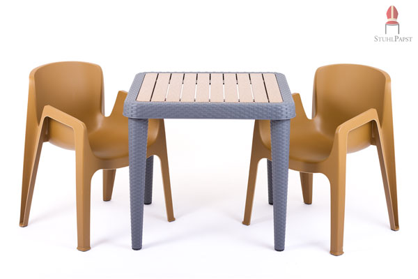 Der Hap.py Tisch als Tischgruppe mit de passenden braunen Diva Outdoorstühlen